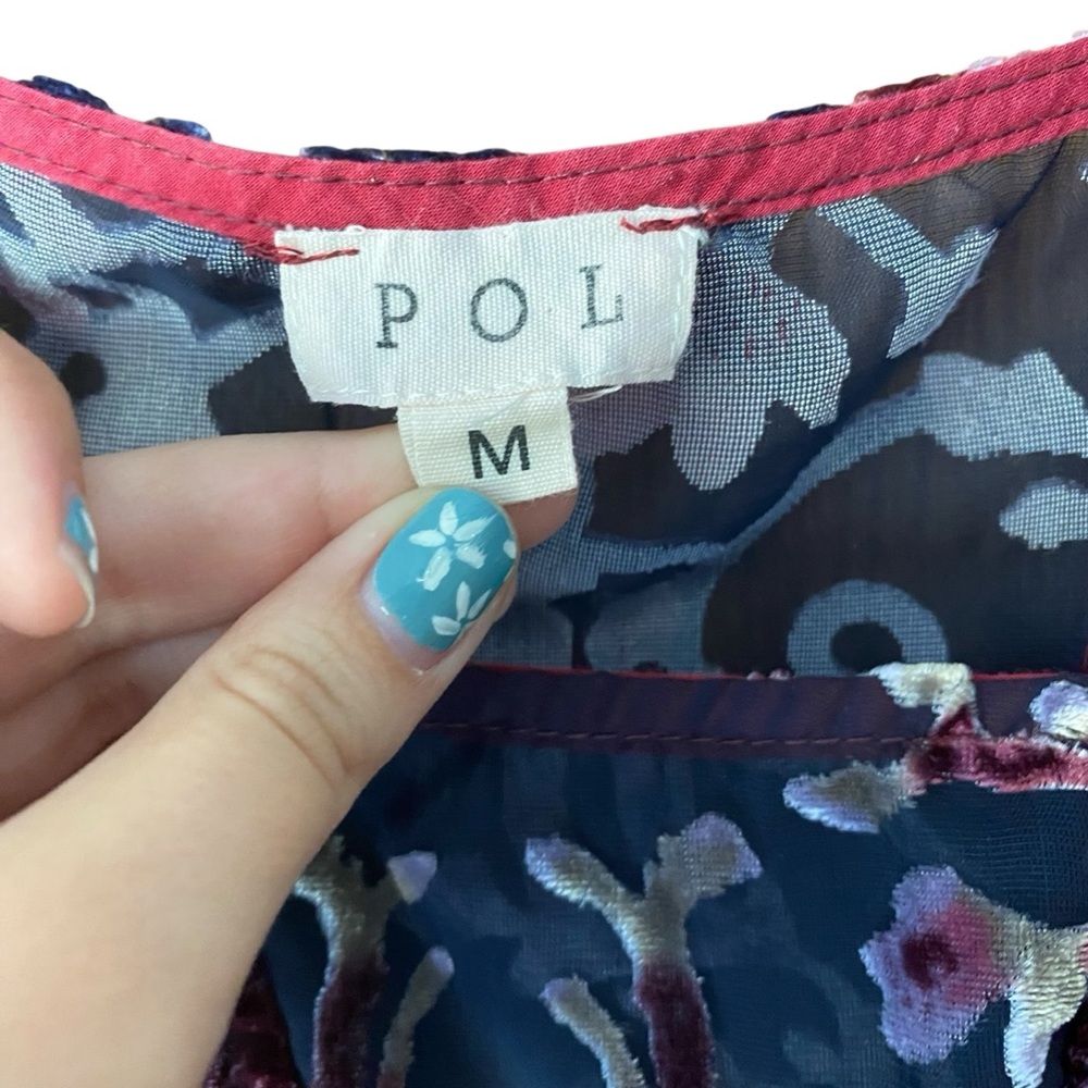 POL Floral Velvet Top Medium Ruffle Short Sleeve Blouse - Picture 8 of 11